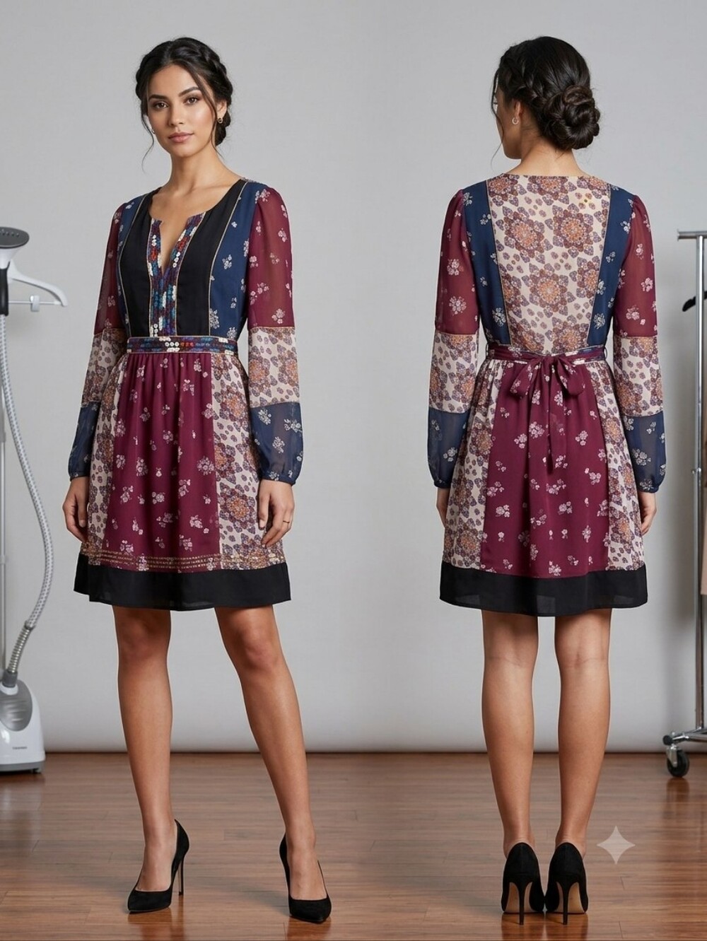 Anthropologie Maeve Boho -Quartier Burgundy and Navy Patchwork Mini Dress